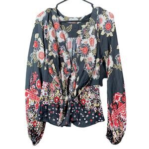 Free People Womens Blouse Black Floral Deep V Neck Front Tie Long Sleeve M